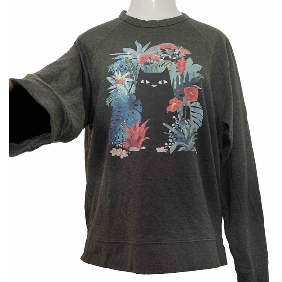 Delta Fleece Sweatshirt Top Black Cat Hawaii Popoki Floral Long Sleeve XL - Picture 2 of 16